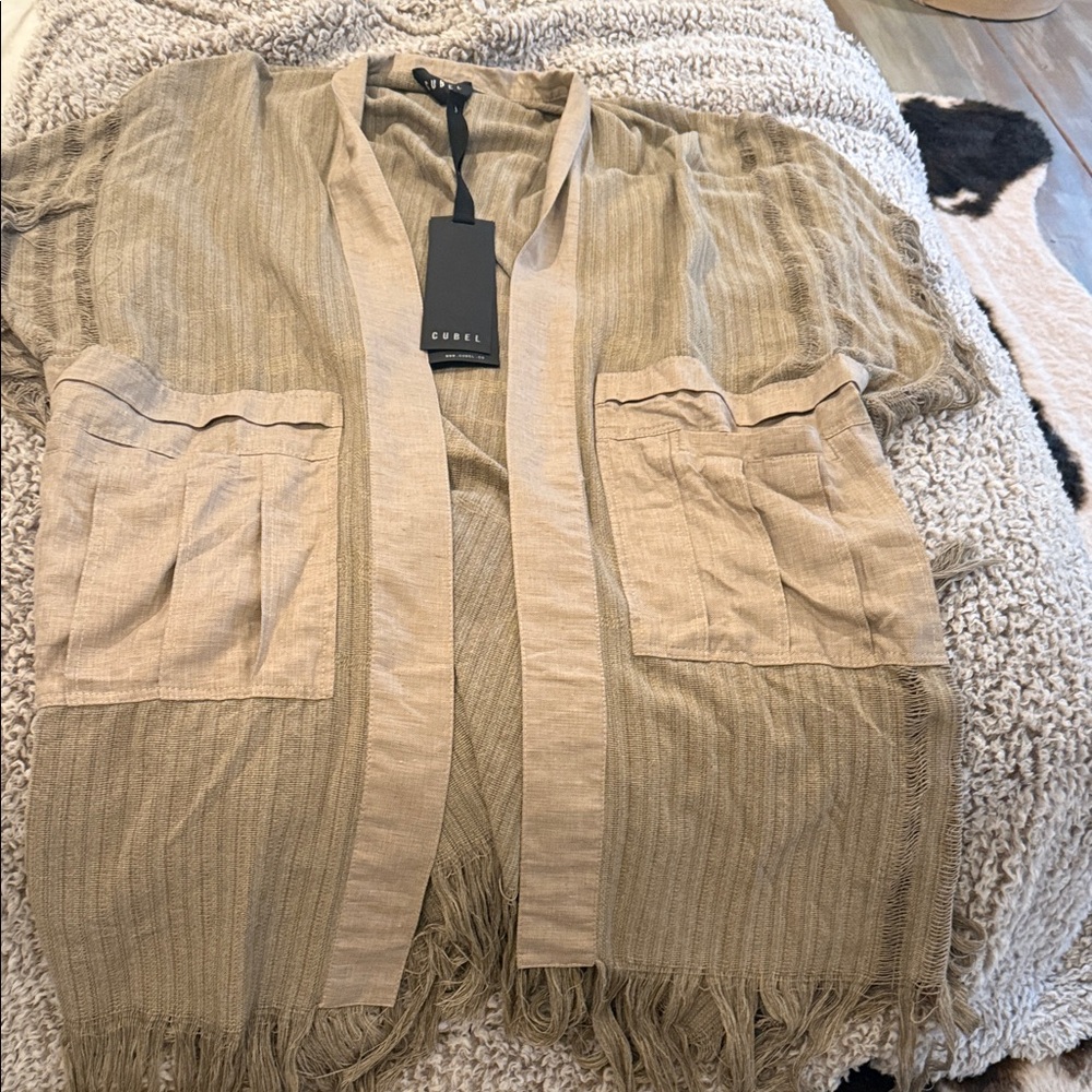 Men’s Beige Open Front Fringe Cardigan